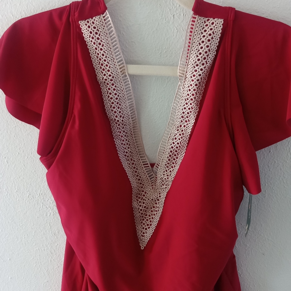 🆕 BLOOMING JELLY Scarlet Red Tummy Control Swim Dress | XXL NWT - Picture 3 of 8